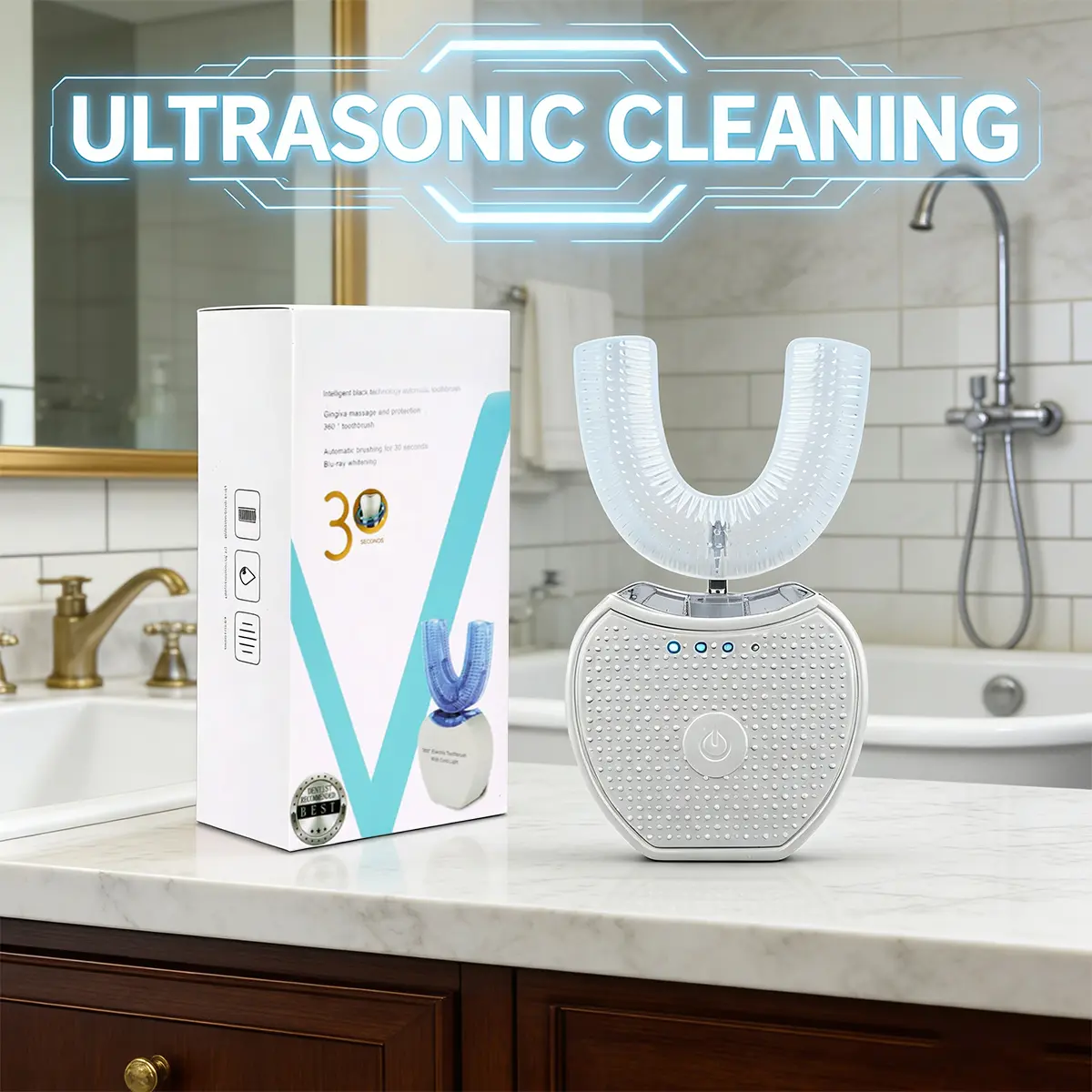 360° U-Shaped Electric Toothbrush for Adults, Hands-Free Full Mouth Oral Cleansing with Blue Light, 3 Modes, Lightweight & USB Rechargeable