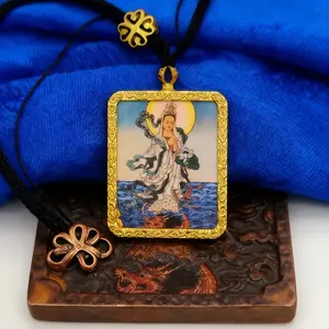 Guanyin Bodhisattva Thangka Pendant Xizang Hand-Painted Amulet for Compassion & Protection Traditional Tibetan Artwork with Golden Frame