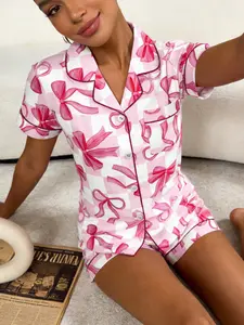 Spring Summer Women's Sleepwear Set, Open Front Cardigan Short Sleeve Shorts, Cute Bow Print, Breathable Comfort, All Seasons Pajama Set