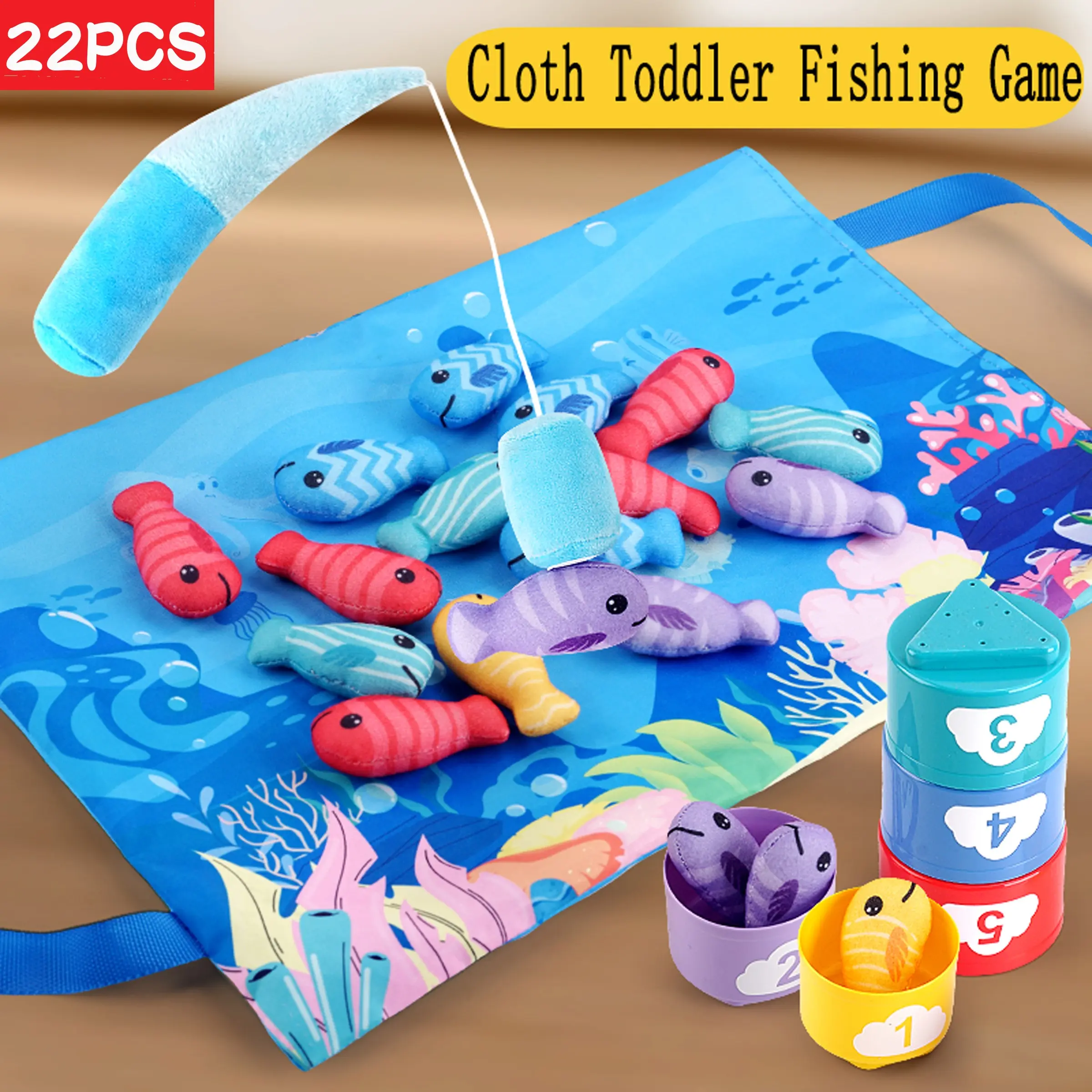 Toys for 1 Year Old - 10 in 1 Cloth Toddler Pretend Play Fishing Game with Stacking Cups, Toddler Playset, Kid Playset, Baby Toy 12-18 Months One Year Old Boy Birthday Gift, Toddler Toys for 1 2 Year Old Boy Girl Gifts