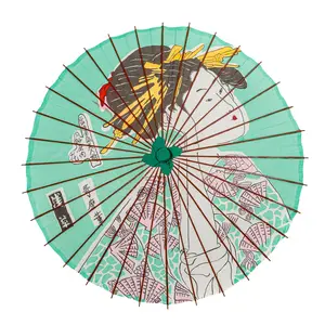 THY COLLECTIBLES 43" Handmade Traditional Wooden Shiny Paper Parasol - Classic Chinese Art Asian Style Green Umbrella with Geisha Print, for Wedding, Photography, Decoration