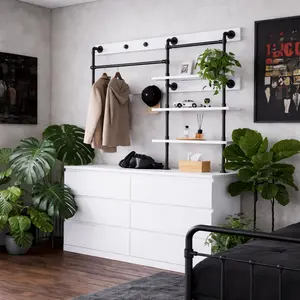 Aowos 6 Drawer Dresser with Industrial Pipe Clothing Rack, Wall Mounted Closet System with Hanging Rods & Open Shelves, Heavy Duty Storage for Bedroom, Black, White