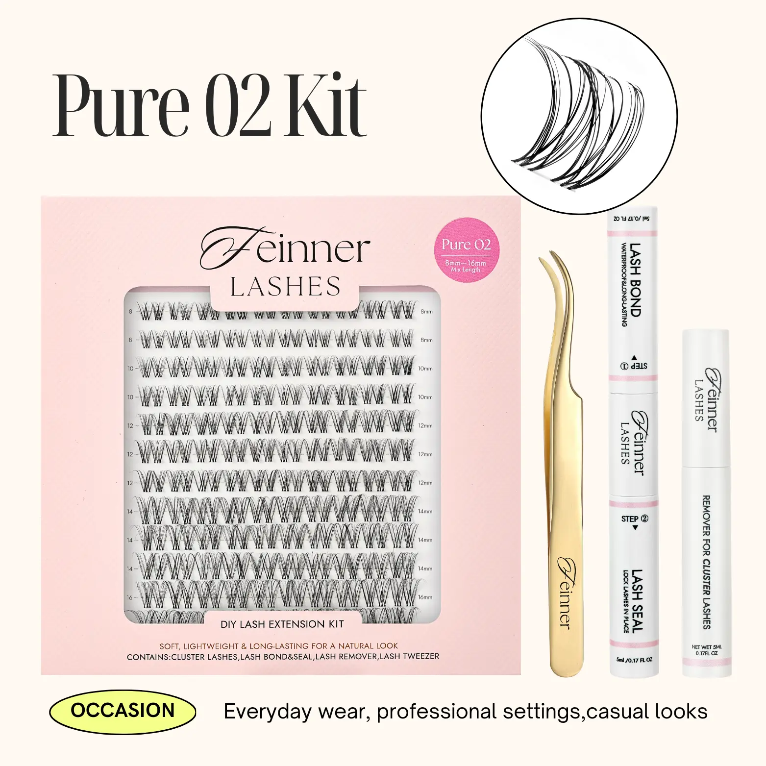 feinner DIY Lash Extension Kit Pure Collection Black and Brown | Bare Collection  Individual Eyelash Clusters with Lash Bond and Seal,Remover,Tweezer Waterproof Eyelash Extensions Makeup Cosmetic