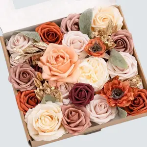 AUSOGO Artificial Flowers Grand Box Set - Burnt Orange & Pink Silk Roses, Hyacinth, Pearls for DIY Weddings, Bridal Bouquets, Valentine's Day Decor, 10.63 x 9.84 x 2.17 inches home party wedding anniversary holiday flowers