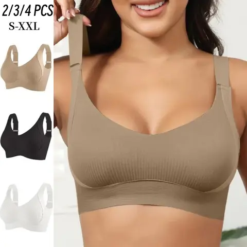 EssElegance Women's Solid Color Push-Up Wireless Bra - 2/3/4PCS Bridal Underwear, 4-Breasted, 3/4 Coverage, Adjustable Straps, Tie Detail, Crew Neck, Soft Breathable Ribbed Seamless, Widened Elastane, Easy Styling, Cold Wash, All Seasons Wear