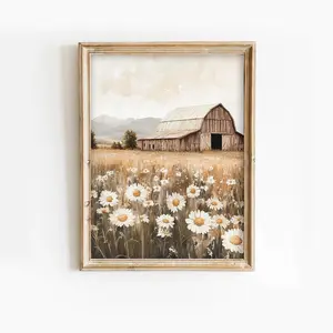 Old Barn Wall Art Farmhouse Decor Rustic Country Landscape Painting Summer Wall Art Wildflower Print Floral Barn Print