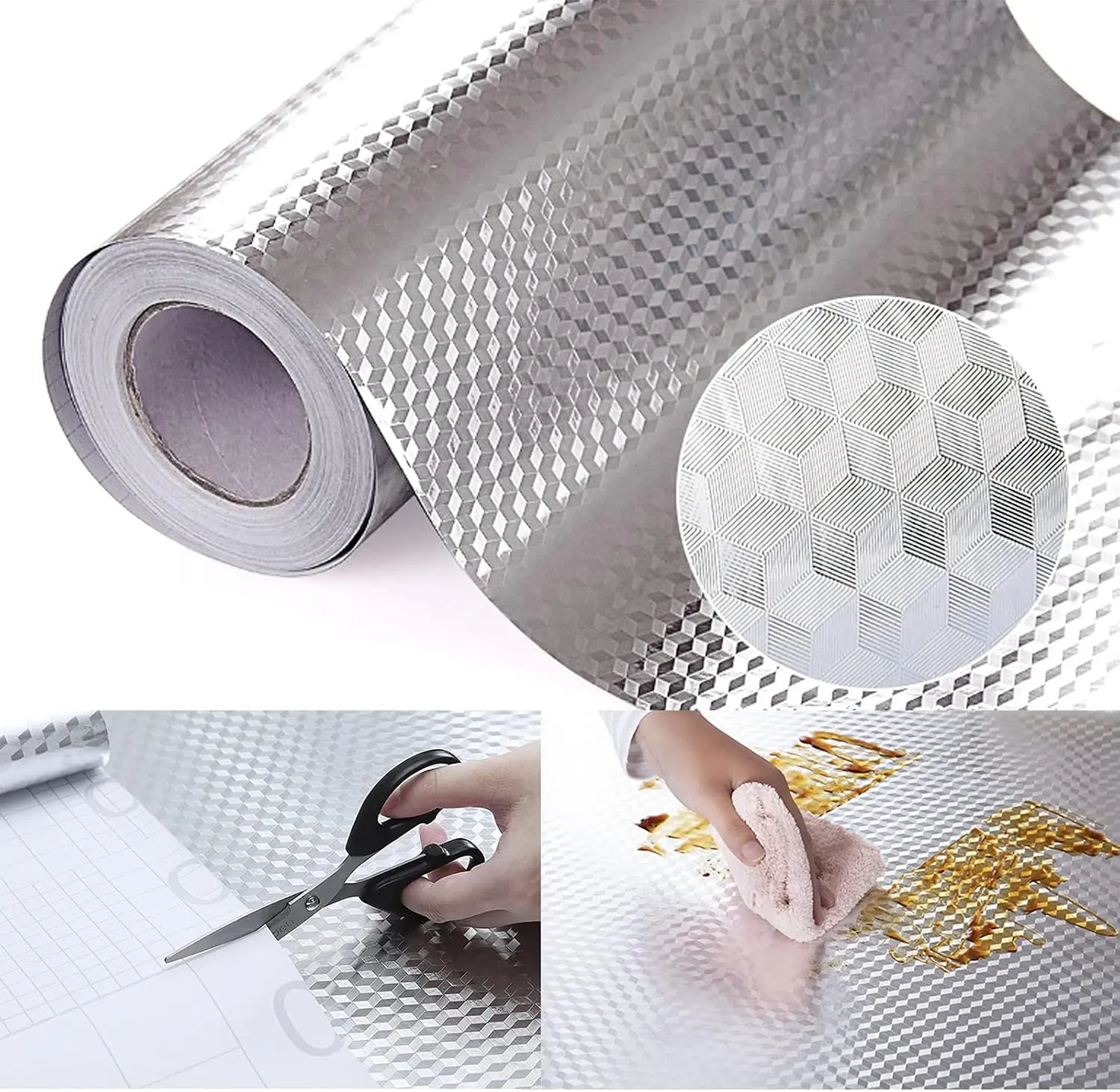 15.7" x 118" (40cm x 300cm) 3D Geometric Cube Aluminum Foil Kitchen Backsplash Sticker, Oil-Resistant Self-Adhesive Protector against Splashes, Waterproof and Heat-Resistant Cabinet Liner, Peel and Stick Wall Covering