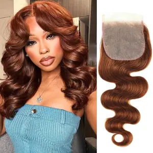 ALHER #33 Reddish Brown Body Wave Long Deep Part 2x6 Lace Closure Copper Brown Colored 4X4 HD Lace Closure Free Part Pre Plucked with Baby Hair 100% Virgin Remy Human Hair HD Transparent Lace Frontal Closure Ear to Ear for Black Women 150% Density
