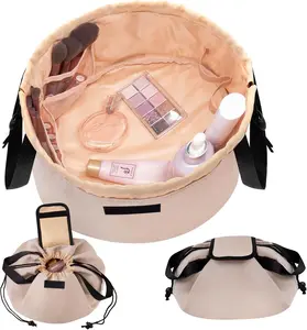 Barrel Drawstring Makeup Bag Large Travel Makeup Bag,Portable Large Capacity  Bag Toiletry Organizer for Travel Accessories Make Up Essentials and Hair Product,Gifts (Khaki)