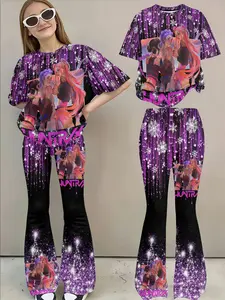 Girls' Gradient Glitter Short Sleeve Bell Pants Set, Casual Fitted Two-Piece, Random Print, Trendy Streetwear, Top
