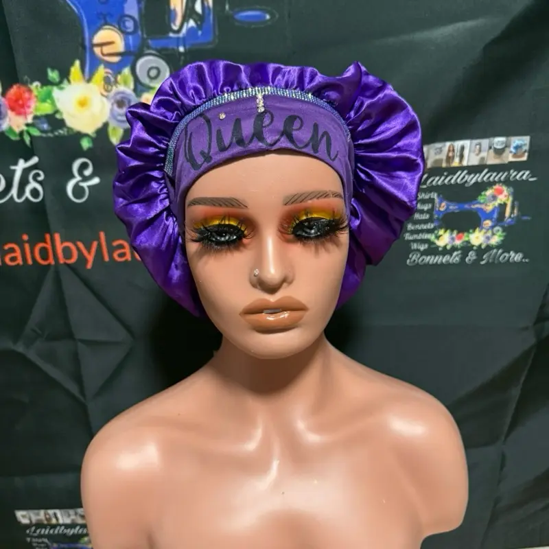 Purple Queen Rhinestone Hair Bonnet - Customized for Straight Hair Protection While Sleeping