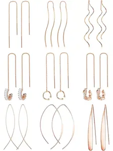 9 Pairs Stainless Steel Threader Earrings for Women Teen Girls Simple Long Chain Climbers Earring CZ Crystal Wave Ear Cuff Crawler Earrings Set