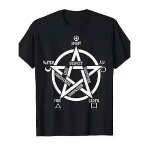 [100% Cotton] 100% Cotton Occult Spiritual Men's Crew Neck T - Shirt, Black with White Pentagram, Circle, Elements (Water, Air, Fire, Earth), Words Love Forgiveness Compassion Respect Gratitude - Positive Values Graphic T