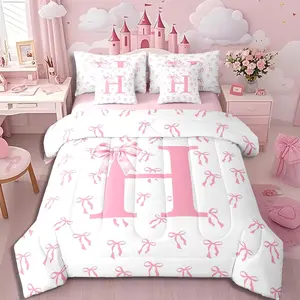 Kawaii Ribbon Bow 7 Pcs Bedding Set,Girly Initial H Bowknot Comforter Set for Kids Women Romantic Letter Bow Knot Bed in a Bag Dreamy Pink Princess Quilt with Flat Fitted Sheet
