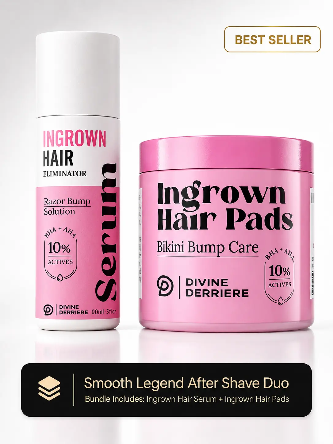 Smooth Legend After Shave Duo | Divine Derriere PFB Razor Bump Stopper with Dark Spot Remover + Ingrown Hair Pads | 10% BHA + AHA After-Shave Care for Razor Bumps, Ingrown Hairs, Dark Spots & Bikini Area