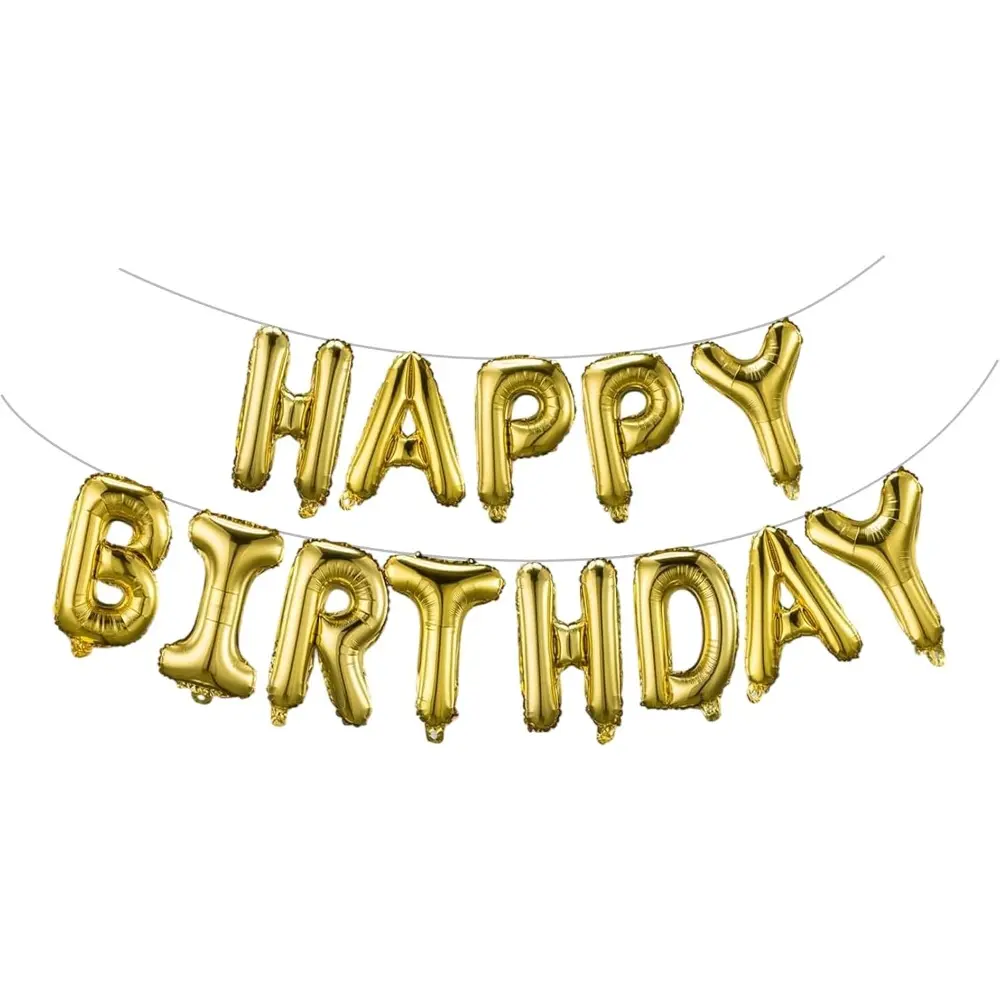 16-Inch Gold Happy Birthday Aluminum Foil Letter Balloon Banner with Ribbon, 13 Inflatable Reusable Outdoor/Indoor Festive Party Decoration Supplies (Nearly 1 Week Inflated), Letters