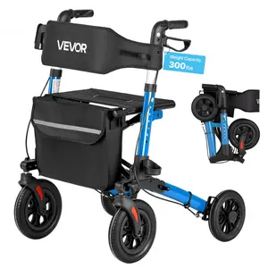 VEVOR Rollator Walker with Seat for Seniors, Ultra Compact 3-Fold Rolling Walker, Lightweight Aluminum Mobility Walking Aid with PU Solid Wheels, Adjustable Handle, Cup & Cane Holder - Supports 300LBS