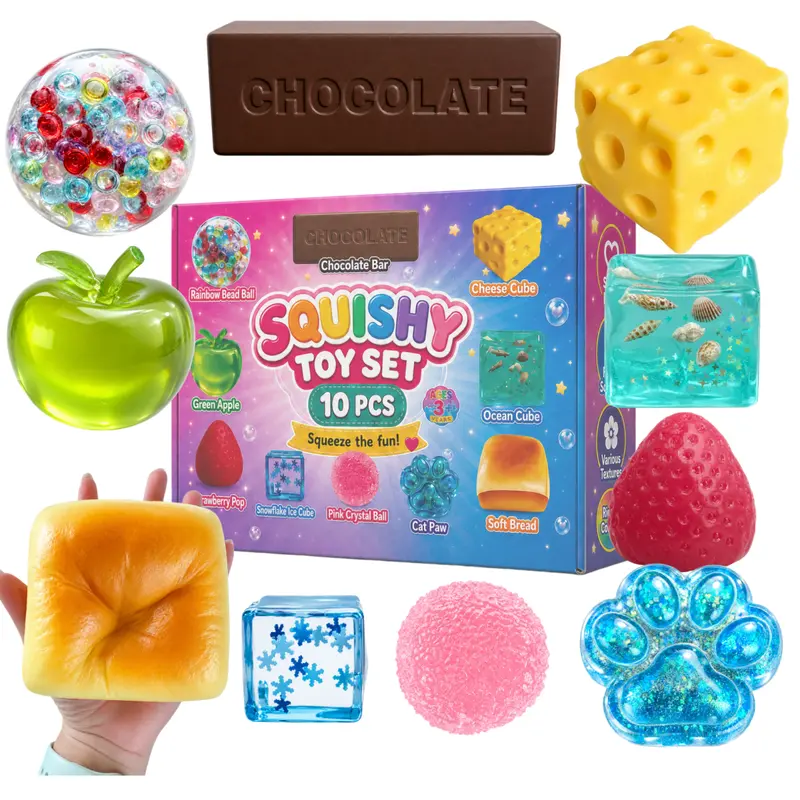 10 PCS Collectible Slow Rising Squishies Toys Gift Box Set - Assorted Shapes, Textures, Maltose-Feel, Beads, Glow-in-the-Dark, Slime ASMR Decompression Fidgets for Anxiety, Trendy Teen Stocking Stuffers Gifts