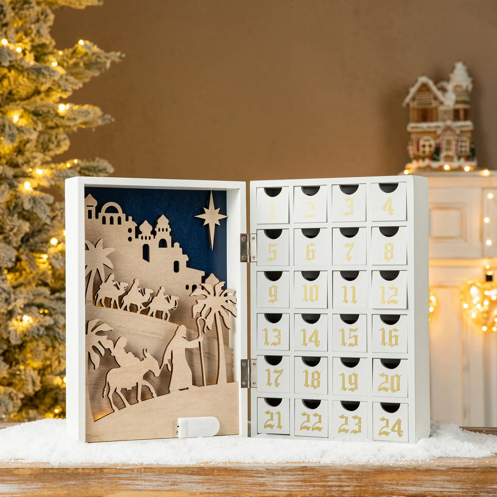 【Christmas in July】 Glitzhome 17"L Lighted Wooden Christmas Nativity Advent Calendar Decor