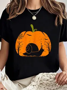 100% cotton Snail Cute Halloween Costume Vintage Pumpkin Snail Lovers T-Shirt Women Graphic T-Shirt Cotton Print short Sleeve Casual Top, Summer Tee Womens Tops
