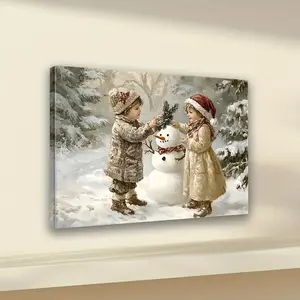 Framed, Vintage Style Woven Canvas Wall Art, Wooden Frame Winter Scene with Young People and Snowman, Perfect for Christmas, Weddings, Anniversary Decorations