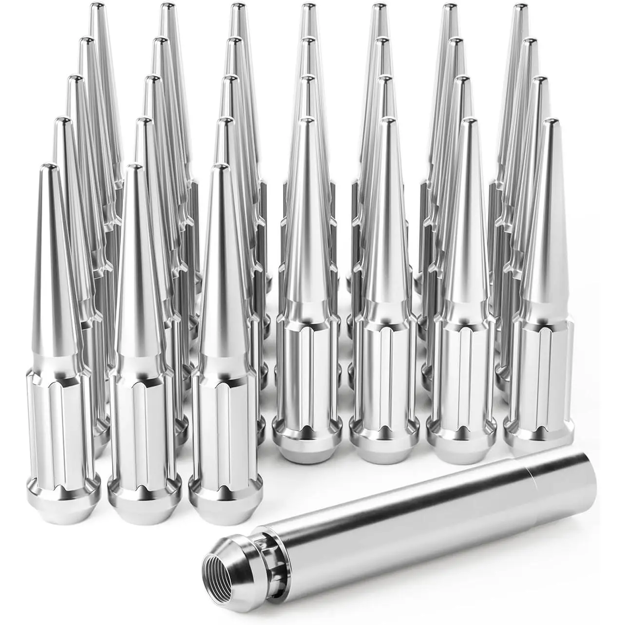 14mmx1.5 Lug Nuts Chrome 32 Piece, M14x1.5 Spike Lug Nuts Wheel Accessories Compatible with Chevy Ram Ford GMC