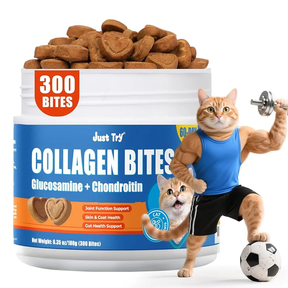 Just Try 300 Bites Cat Collagen Joint Soft Chews with Glucosamine & Chondroitin. Supports Joint Function, Skin & Coat Health, and Gut Health. Chicken flavor, cats' favorite