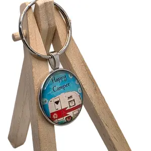 Happy Camper Keychain with Colorful Camper Design and "Happy Camper" Text on Circular Charm Metal Coating Compact and Convenient for Outdoor Enthusiasts