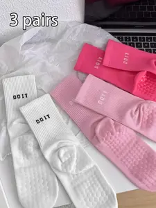 3pairs Simple Solid Color Yoga Socks Fashionable, Comfortable, Breathable, Non slip, Athletic Grip Sock, Rest Letter Printed Casual Socks Suitable for Women's Daily Sports and Fitness Wear, Breathable Polyester Socks