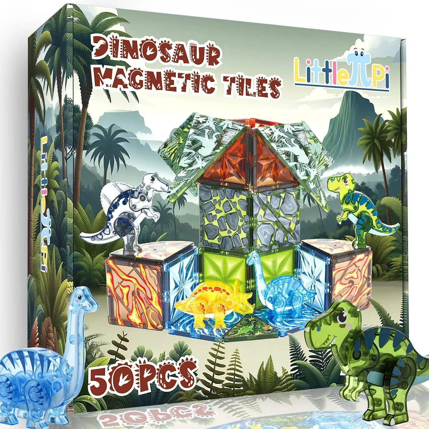 Little Pi Dinosaur Magnetic Tiles for Kids 3-5 5-7 - 50PCS STEM Learning Resources Fun Magnetic Building Blocks for Boys Ages 3 4 5 6 7 8 Perfect 4 Year Old Boy Birthday Gift