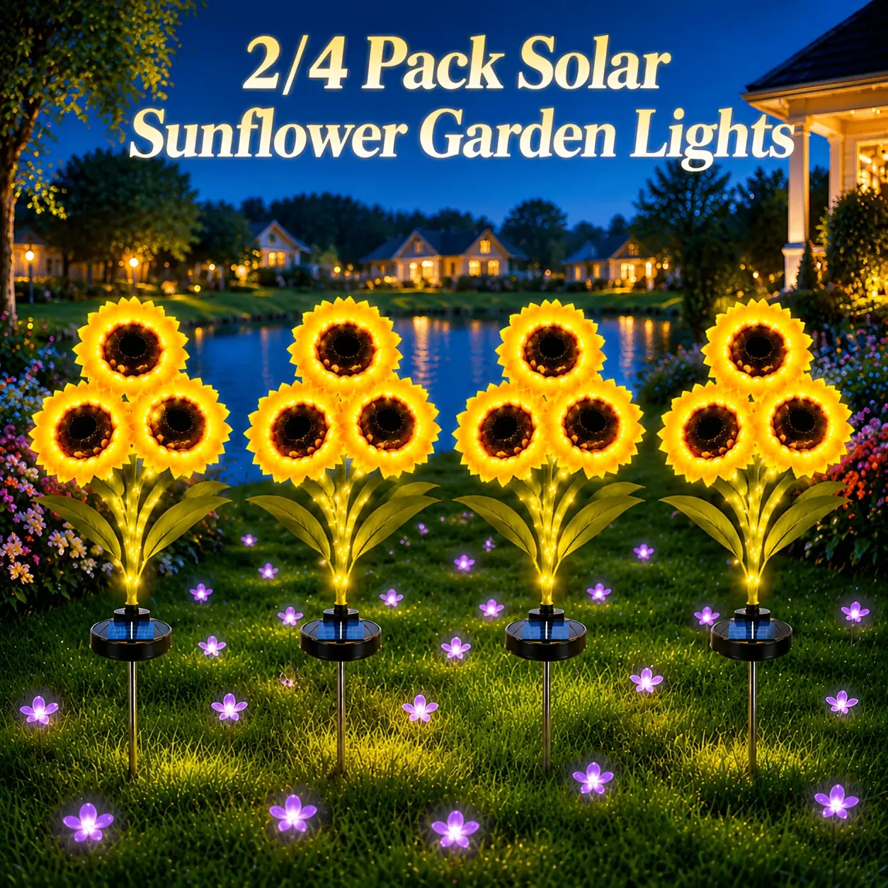 2/4 Pack Solar Sunflower Outdoor Lights — Solar pathway lights, warm white and automatic switch, no plug installation required (solar panel included), suitable for gardens, courtyards, patios, lawns — Realistic sunflower design