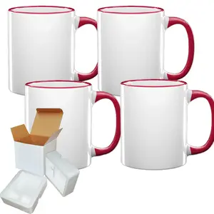 4-Pack 11oz Red Rim Handle Sublimation Mugs with Foam Shipping Box