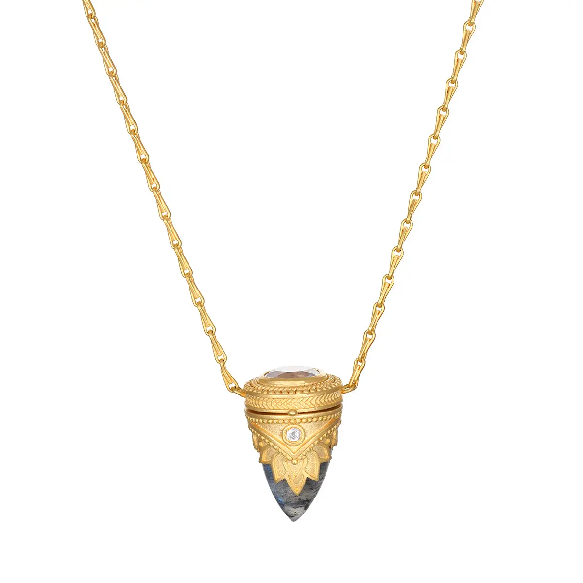 Satya Jewelry Guiding Spirit Lotus Locket Necklace, 18kt Gold Plate Healing Stone Amulet with Labradorite & White Topaz, Healing Stone Pendant, Amulet Necklace, Gemstones, Adjustable Chain, Unique Design Pendant, Spirituality, Transformation, Unisex