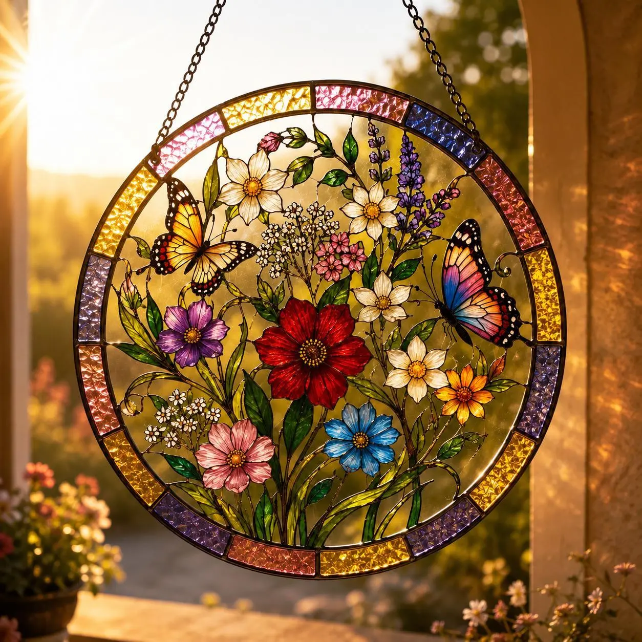 [Made in US] Charming Butterfly 3D Suncatcher Stained Glass Sunflower Iris Flower Autumn Garden Window Hanging Mom Gift
