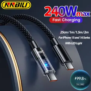 NNBILI 240W USB C to USB C fast charging cable, 6A C-type data cable, suitable for iPhone 17, 16, 15, Huawei 25cm-2m charging cable with LED light, Electronic