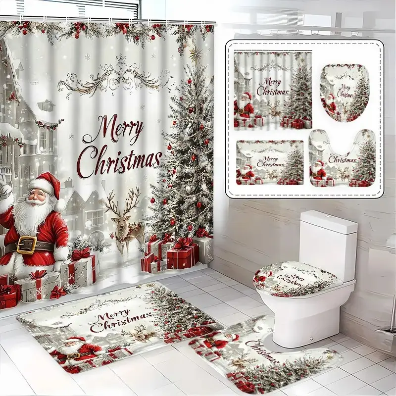 1/4pcs Santa Claus Snow Scene Town Shower Curtain Set, Includes Toilet Seat Cover, Rectangular Mat, U-Shaped Pad, Perfect Bathroom Decor, Bathroom Decoration Accessories