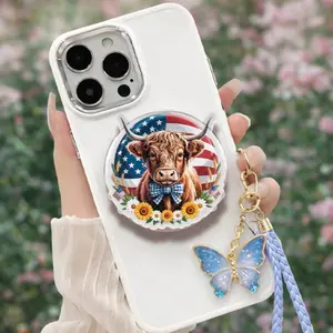 USA Flag Highland Cow MagSafe Phone Grip, Patriotic Floral Kickstand Holder