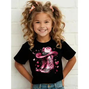 Girls' Western Cowgirl Graphic T-Shirt - Pink Cowboy Boots & Hat Design with Hearts & Stars, Soft Stretch Knit Short Sleeve Top for Spring/Summer, Loose Fit Round Neck Playwear, Layering for Halloween, Thanksgiving & Daily Activities (No Chest Paddi