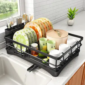 Rust Resistant Large Capacity Dish Drying Rack for Kitchen Counter - Space-saving Kitchen Organizer with Drainboard, Rotating Spout & Removable Utensil Holder, Black