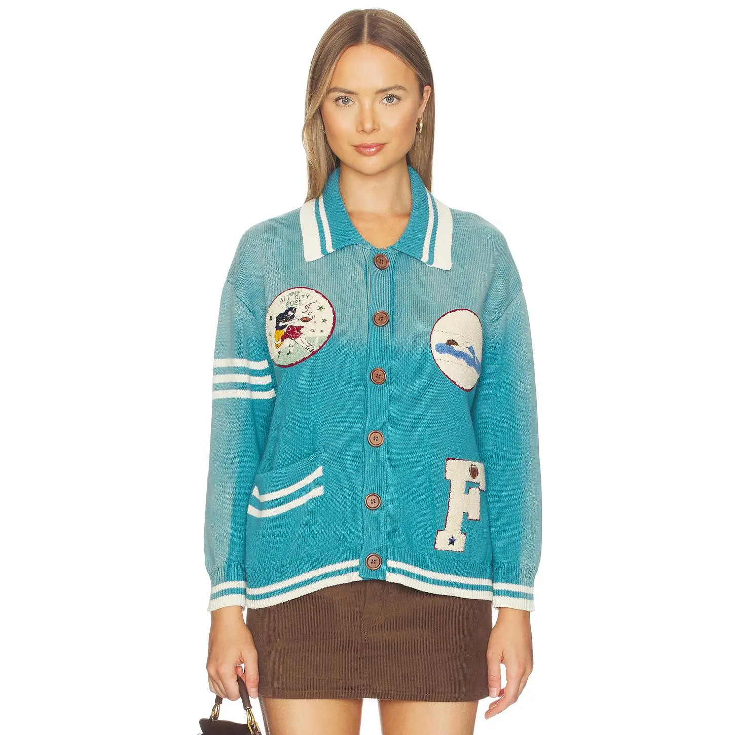 Found Varsity Patch Collared Cardigan in Ocean Blue