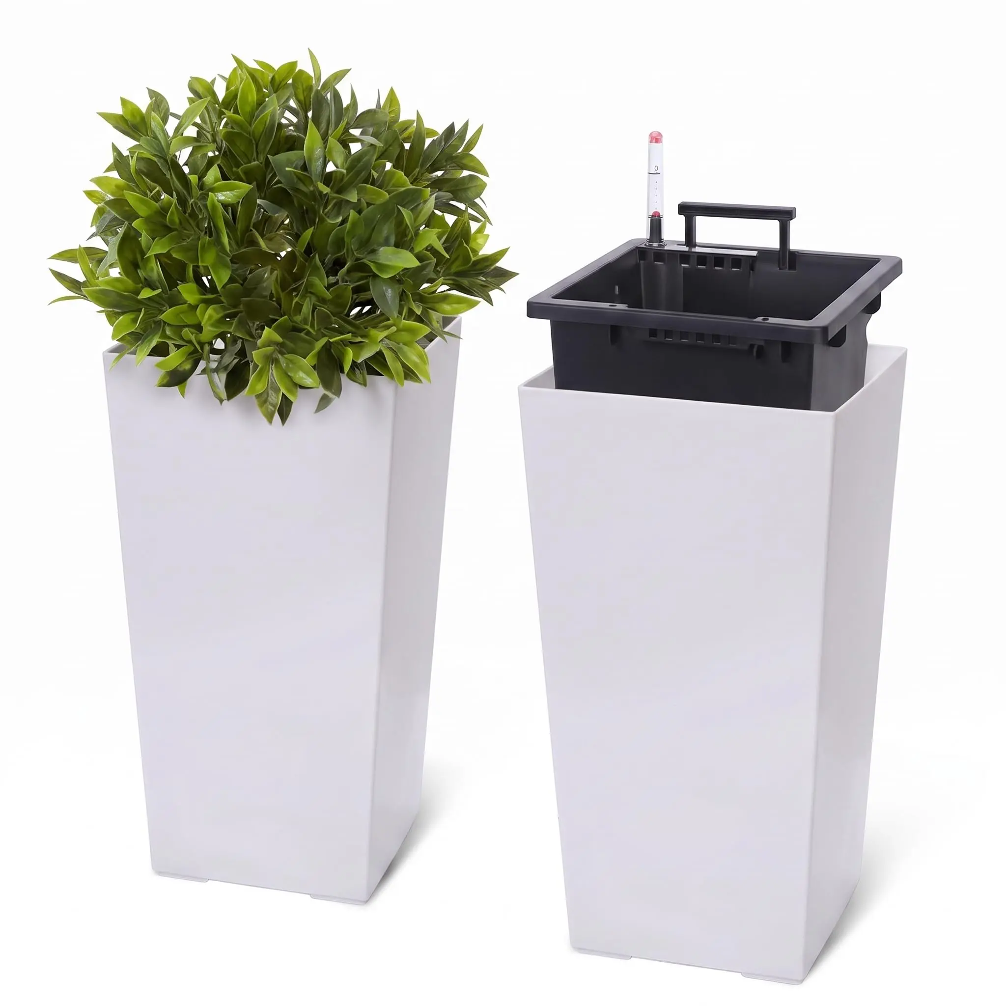 GARVEE Set of 2 Tall Rectangular Planters, 16 to 22.5 Inches, Black Resin Outdoor and Indoor Pots with Self-Watering Feature, Water Level Indicator, and Drainage Holes for Easy Plant Care and Stylish Porch or Garden Decor