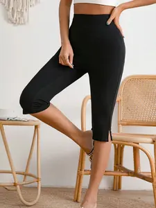 Women's Black 7/8 Pants with Slit Detail, Stretchy Ankle-Length Casual Style Pants for Summer Outings and Daily Life