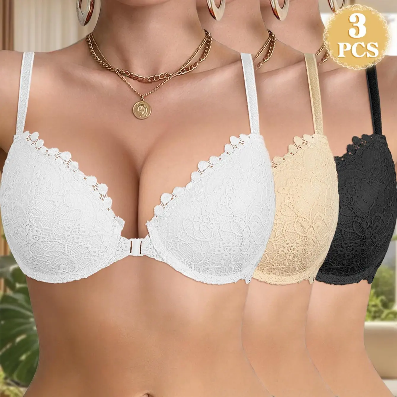 Women's Ecomilky 3-Pack Lace Front-Closure Push Up Bras with Thin Cups, Minimalist Flexible Fit, Everyday Style, Button Detail, Polyamide, Hand Wash, Women's Fashion, 75B(34B)