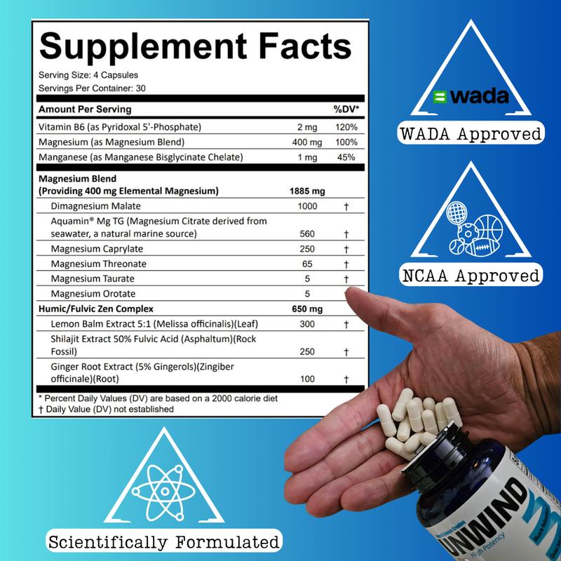 Unwind - Relaxation & Recovery Supplement with Magnesium, Lemon Balm, Shilajit & Ginger - Supports Calm, Muscle Recovery, and Restful Sleep - 120 Capsules - Made in USA