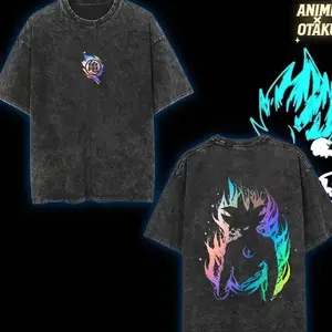 [SPECIAL] Hologram Edition Almighty Goku Vintage Unisex Oversize Anime Manga Acid Washed T-shirt, graphic tee, outfits graphic tees boys Men's Letter Print Round Neck streetwear ORO D71