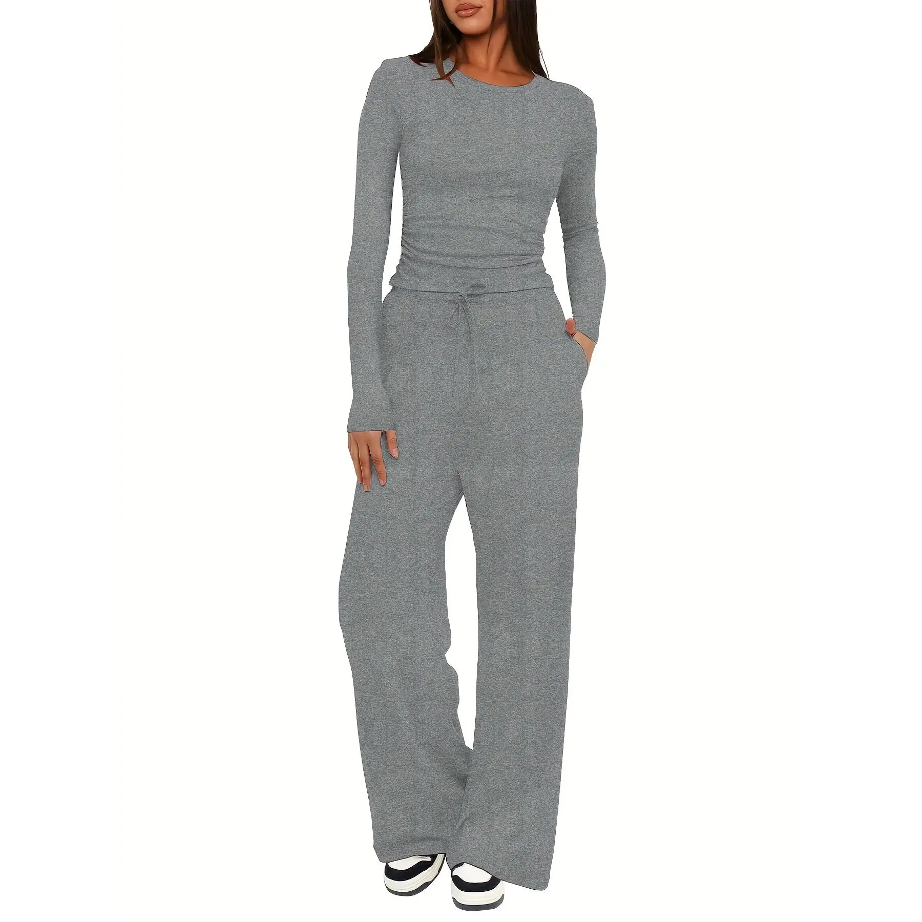 2pcs Women's Polyester Sportswear Set - Solid Color Crew Neck Long
