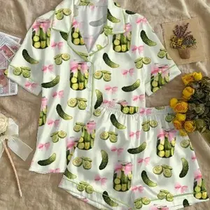 Pickle Coquette Pajamas Set, Girly Pickle Pink Bow Satin Sleepwear Design, Festive Pajamas Set, Loungewear Gift for Her