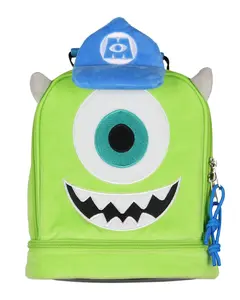 Disney Monsters Inc Lunch Box Mike Wazowski Plush Fuzzy Embroidered Face 3D Ears and Hat Insulated Lunch Bag Tote For Hot And Cold Food 9"