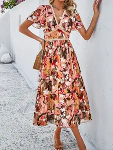 Women's Floral & Plants Print Contrast Lace Ruffle Hem Butterfly Sleeve Dress, Bohemian V Neck Short Sleeve A Line Midi Dress for Summer, Women's Clothing, Womenswear for Beach Holiday Vacation