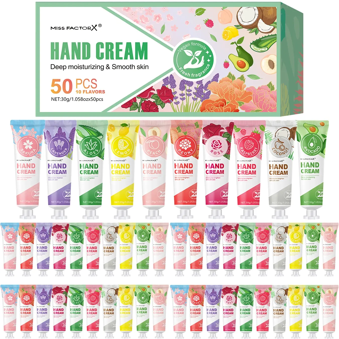 50-Piece Hand Cream Gift Set, 10 Scented Hand Lotions with Glycerin, Low Allergen Moisturizing Formula, Travel Size, Perfect for Gifts & Parties